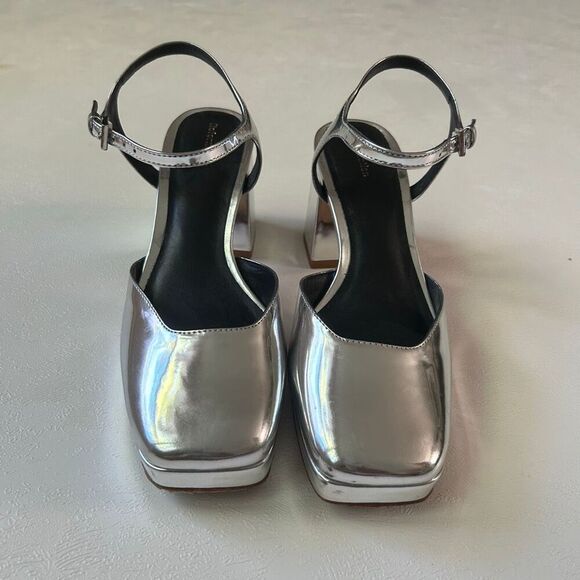 Reformation Silver Metallic Platform Block Heels Size 7 | Square Toe Party Shoes - Picture 3 of 7
